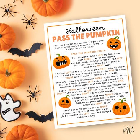 Get ready for a spook-tacular time with our printable "Pass the Pumpkin" Halloween party game! Perfect for Halloween birthday celebrations and festive gatherings, this printable game is a fun twist on the classic "Left Right" game. As players pass the pumpkin around, they'll enjoy Halloween-themed activities and laughter with every turn.  This Halloween printable game is an instant download that brings spooky fun to any celebration! Perfect game for kids and adults, this Pass the Gift game is one of the easiest Halloween games to play, ensuring everyone has a blast. ✦ FEATURES - Printable Pass the Pumpkin Halloween Game - Provided in one size: Letter Size (8.5 x 11). Available in full page and half page - Provided in a printable PDF (NOT editable) - Instant download - Digital download - Un Fun Bonfire Games, Halloween Pass The Gift Game, Pass The Pumpkin Left Right Game, Pass The Pumpkin Game, Halloween Activities Adults, Halloween Party Games For Teens, Halloween Activities For Teens, Halloween Games For Teens, Halloween Party Games For Adults