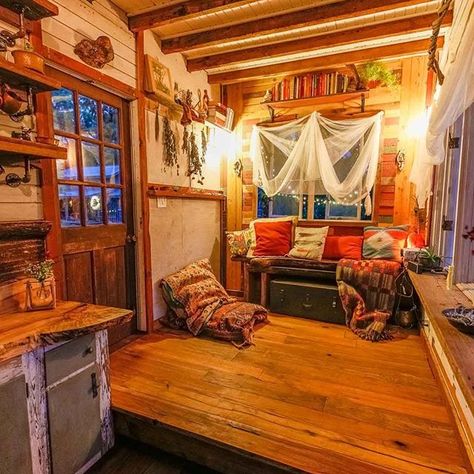 ll lit up at night, this tiny home is a fairy dream. ✨ . . . . #livingbiginatinyhouse #tinyhouse #tinyhome #smallhouse #salvaged Big House Interior, Small House Storage, Tiny House Appliances, Tiny House Furniture, Model Furniture, Tiny House Inspiration, Furniture Free, Body Movement, Built In Furniture