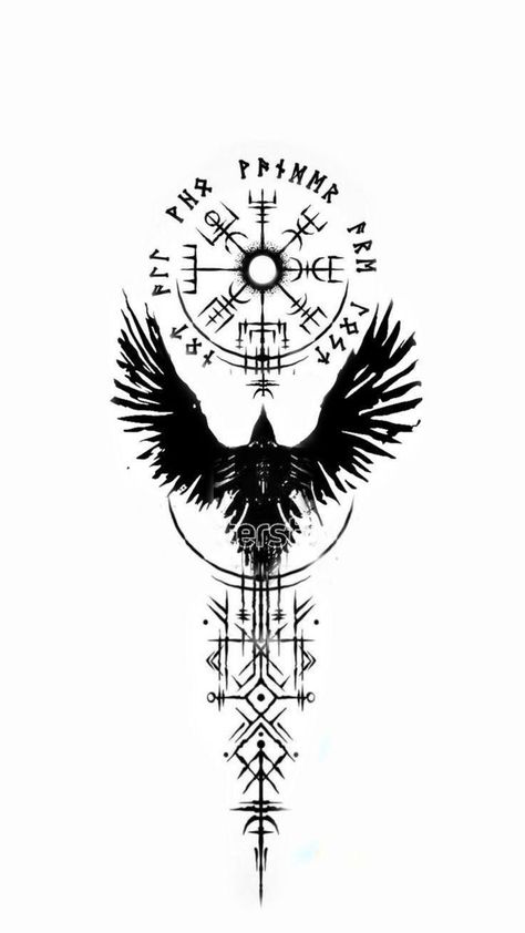 Dark Nordic Tattoo, Nordic Crow Tattoo, Odin's Crows Tattoo, Stag Chest Tattoo, Odin Crows Tattoo, Blind Runes, North Mythology Tattoo, Nordic Tattoo Men, Viking Chest Tattoo