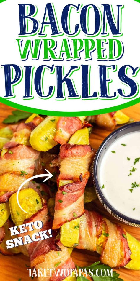 Bacon Wrapped Pickles are the ultimate low carb keto snack! Sour dill pickles wrapped in crispy smoky bacon are perfect dipped in a creamy ranch dip. Pickle Bacon Wraps, Bacon Wrapped Ranch Pickles, Pickle Fries, Creamy Ranch Dip, Bacon Wrapped Pickles, Pickle Wraps, Wrapped Pickles, Bacon Ranch Dip, Glazed Peaches