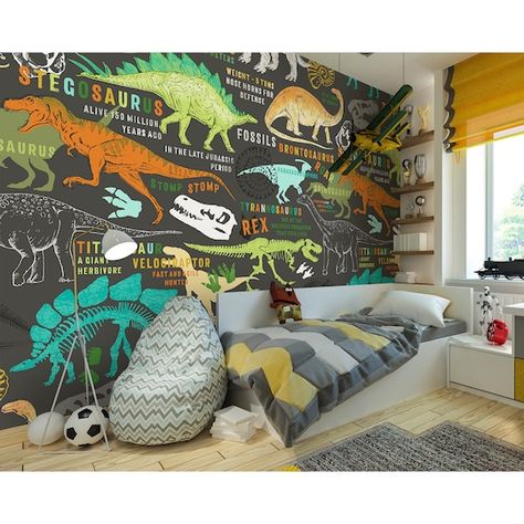 Dinosaur Mural For Kids Bedrooms, Dino Room Kids Boys, Kids Accent Wall Boys, Dinosaur Mural, Dino Room, Triassic Period, Wallpaper Adhesive, Dinosaur Bedroom, Wall Appliques