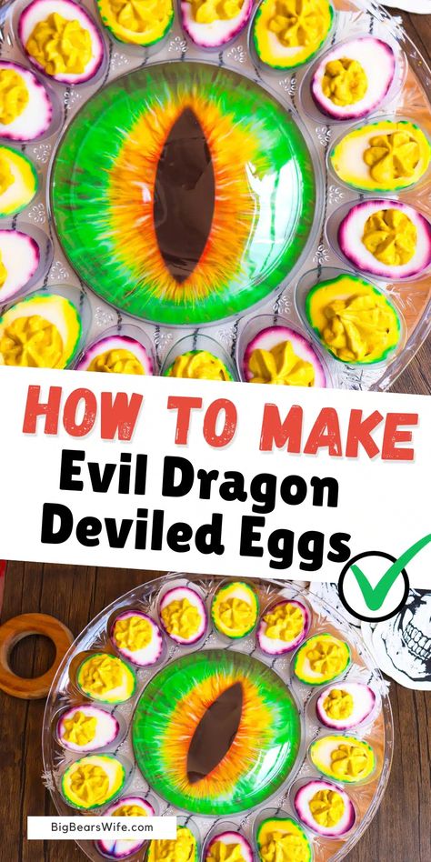 Let these Evil Dragon Deviled Eggs be the star of your Halloween party table this year! They're not only delicious but creepy looking too! Perfect for Halloween! via @bigbearswife Halloween Eggs, Halloween Deviled Eggs, Southern Deviled Eggs, Evil Dragon, Halloween Party Table, Halloween Foods, Halloween Fruit, Dragon Eggs, Fun Halloween Food