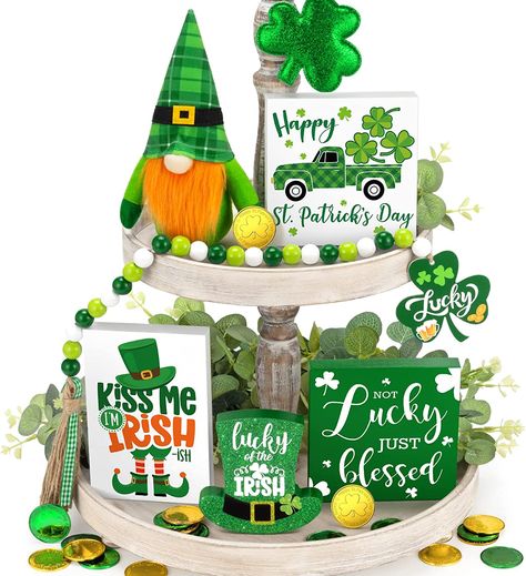 16 PCS St Patrick's Day Decorations St. Patrick's Day Decor - Tiered Tray Decor Set - Buffalo Plaid Gnome Plush, Lucky Wooden Signs, Green Gold Coins & Bead Garland, Irish Shamrock Decor Home Tabletop Irish Theme Party, St Patricks Decorations, Irish Theme, St Patrick's Day Decor, Irish Decor, Irish Shamrock, St Patrick's Day Decorations, Bead Garland, Decor Bundle