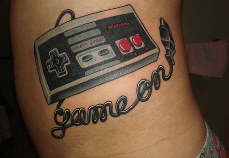 26 Kick-Ass Gamer Tattoos - Gallery Nes Controller Tattoo, Atari Tattoo, Nintendo Controller Tattoo, Nes Tattoo, Controller Tattoo, Satoru Iwata, Nintendo Tattoo, Project Pat, Video Game Tattoos