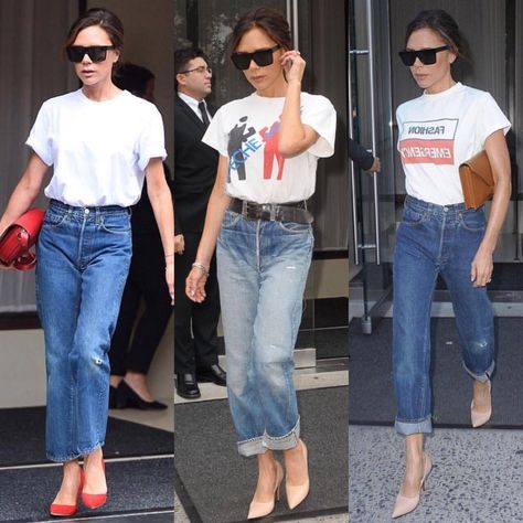 V i c t o r i a Boyfriend Jeans Outfit, Victoria Beckham Outfits, Looks Jeans, Jeans Outfit Winter, Look Jean, Older Women Fashion, Winter Jeans, Trendy Swimwear, Outfit Trends