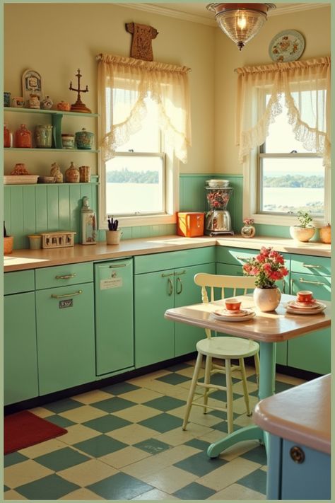 Step back in time with this delightful retro 1950s kitchen design featuring a stunning checkerboard floor and coastal accents. Perfect for lovers of vintage style, this kitchen blends nostalgia with summery vibes. Discover the colors, patterns, and decor ideas that will bring the allure of a classic diner into your home! Retro Kitchen Accessories, 1950s Kitchen, Retro Tiles, Shaker Style Cabinets, Dressing Table Design, Kitchen Colour Schemes, Casa Vintage, Classic Kitchens, Pink Kitchen