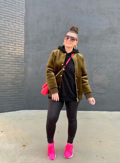 CASUAL CHIC OUTFIT @julia.marie.b Hot Pink Sneakers Outfit, Pink Sneakers Outfit, Hot Pink Sneakers, Neon Pink Sweater, Julia Marie, Sneakers Outfit Casual, Yellow Adidas, Atlanta Fashion, Mommy Style