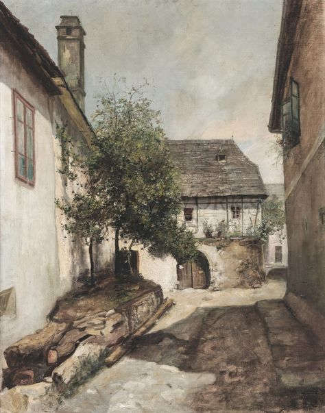 Old Building Painting, Village Illustration Art, Vintage Oil Paintings Landscapes, Old Village Aesthetic, Old Country Aesthetic, Bloxburg Painting Decals, Old Town Painting, Old Oil Paintings, Bloxburg Painting