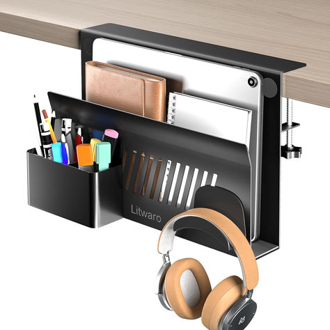 🌟 Declutter your workspace and conquer the chaos with the Litwaro Desk Side Storage Organizer – where innovation meets organization, and your essentials find their perfect home! 🗃️🚀 🚪 Tired of rummaging through desk drawers like a treasure hunter in search of lost artifacts? Fear not, because the Litwaro Desk Organizer is here to redefine your workspace. Multifunctional Organizers With Pen Holders For Personal Use, Affordable Functional Organizers With Pen Holders, Metal Hutch Desk Organizer, Desk Headphone Holder, Small Standing Desk, Standing Desk Accessories, Black Functional Organizers With Pen Slots, College Desk, Under Desk Storage