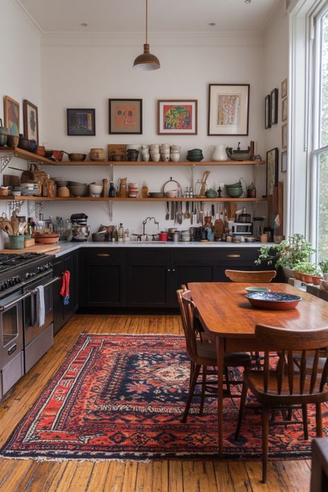 Get a stylish boho kitchen with these simple ideas and quick decor tips. Kitchen Inspo Colorful, Artsy Kitchen Aesthetic, Nyc Kitchen Ideas, Vintage Maximalist Kitchen, No Cabinets In Kitchen, Cluttered Decor, Creative Kitchen Cabinets, Indie Kitchen, Basement Apartment Kitchen