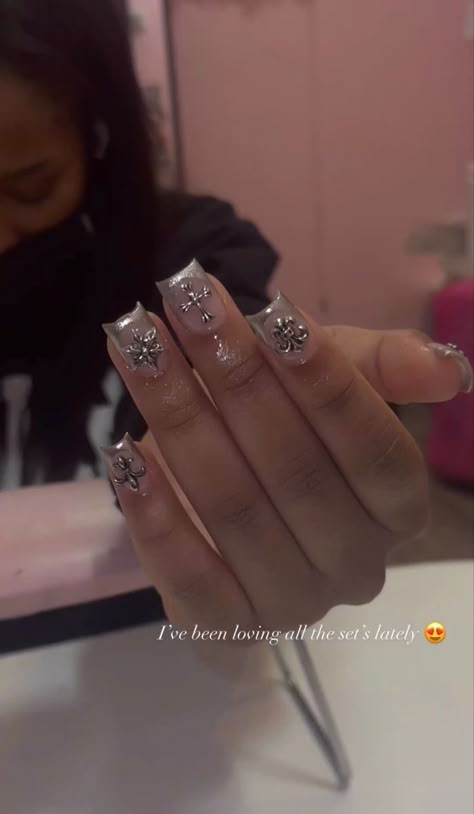 Black Bedazzled Nails, Short Acrylic Nails With Rhinestones, Short Rhinestone Nails, Short Glam Nails, Short Nails With Rhinestones, Short Bling Acrylic Nails, Silver Nails Short, Short Silver Nails, Short Bling Nails