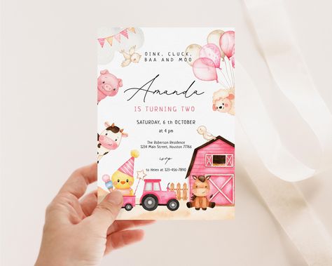 Farm First Birthday Girl, Farm First Birthday, Farm Animals Invitations, Barn Birthday Party, Farm Birthday Party Invitations, Farm Party Invitations, Girls Farm Birthday, Animal Invitation, Farm Invitation