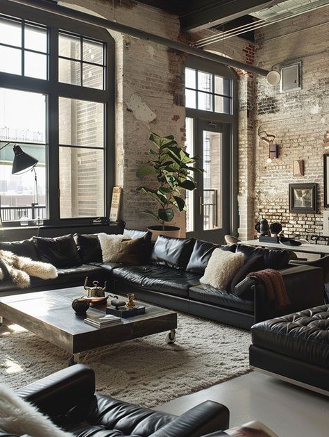 Cozy Black Living Room, Black Living Room Designs, Industrial Chic Living Room, Black Living Room Ideas, Vintage Modern Living Room, Industrial Decor Living Room, Chic Living Room Design, Brick Living Room, Neutral Interior Design