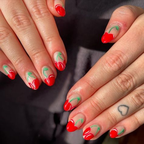 lauren 🍒 sheffield nail artist on Instagram: "It was only a matter of time before I did those amazing cherries by our gal @gelsbyginge 🍒 . . ✨ @the_gelbottle_inc @nafstuff @lucypastorellitools ✨ Silver Nail Art £40" Pinup Nails, Pin Up Nails, Red Nail Design, Mickey Mouse Nail Art, Red Matte Nails, Watermelon Nail Art, Flame Nail Art, Long Red Nails, Mickey Mouse Nails