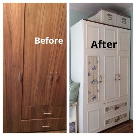 Old Wardrobe Makeover, Laminate Furniture Makeover, Commode Shabby Chic, Cupboard Makeover, Bedroom Makeover Before And After, Old Wardrobe, Paint Makeover, Closet Makeover Diy, Armoire Makeover