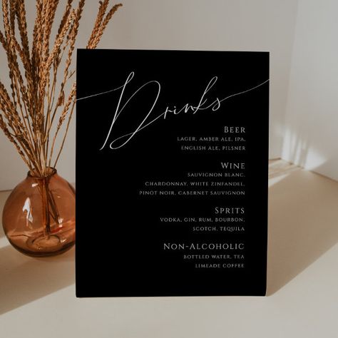 Whimsical Script | Black Wedding Drinks Menu Pedes Pedestal Sign Classic Engagement Party, Minimalist Reception, Menu Signage, Wedding Bar Menu Sign, Wedding Drink Menu, Open Bar Sign, Alcohol Signs, Wedding Drinks, Bar Menu Wedding