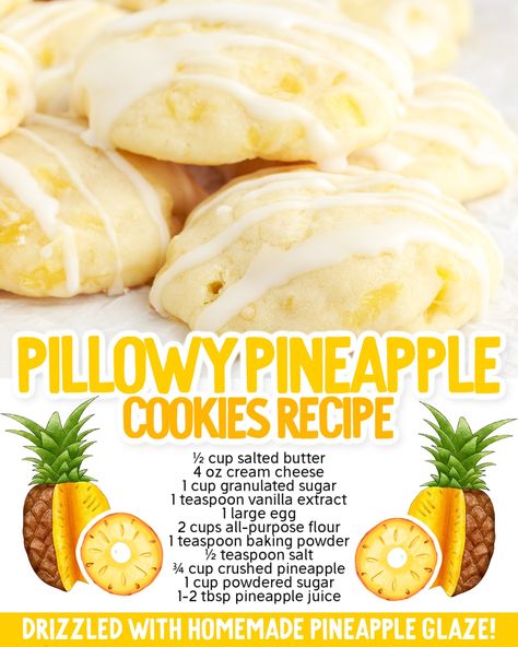 These golden pineapple cookies have a soft, chewy center with pineapple pieces throughout and a sweet pineapple glaze on top. The pineapple flavor adds a hint of tropical sweetness that is sure to please any palate. Baked Pineapple Slices, What To Make With Crushed Pineapple, Pineapple Upside Sugar Cookies, Canned Crushed Pineapple Recipes, Upside Down Pineapple Cookies, Fresh Pineapple Desserts, Pineapple Upside Down Sugar Cookies, Pineapple Cookies Recipes, Desserts With Pineapple