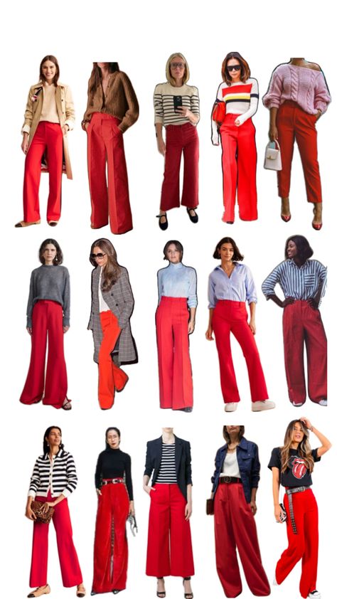 Outfit Pantalon Rojo, Wardrobe Color Guide, Red Pants Outfit, Pantone Trends, Pants Outfit Work, Red Wide Leg Pants, Wide Leg Pants Outfit, Simple Wardrobe, Over 60 Fashion