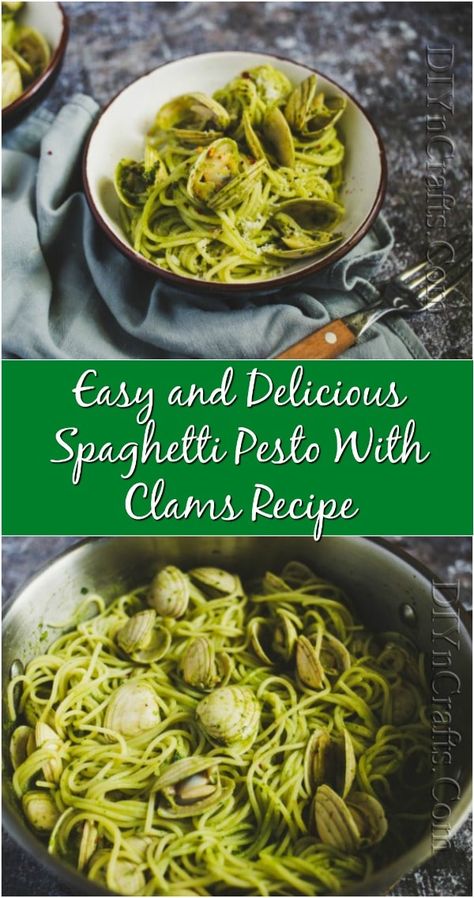 Easy and Delicious Spaghetti Pesto With Clams Recipe! If you love pasta and seafood then your will love this great spaghetti pesto with calms! Try making this for your family today! #diyncrafts #seafood #recipe #spaghetti #clams #pesto Spaghetti Pesto, Making Spaghetti, Clams Recipe, Clam Pasta, Pesto Pasta Recipe, Delicious Spaghetti, Yummy Pasta, How To Make Spaghetti, Italian Foods