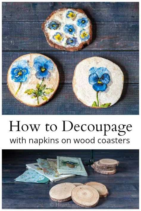 Pretty napkins and wood slices makes a great coaster gift. Pefect for wedding showers or Mother's Day. #decoupage #handmadegifts Decoupage Coasters, Wood Gifts Diy, Diy Wood Stain, Decoupage Tutorial, Decoupage Decor, Decoupage Wood, Mod Podge Crafts, Napkin Decoupage, Wood Slice Art