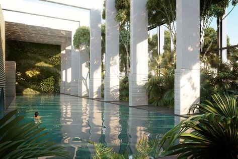 A rendering of the pool at a biophilic residential development in London called the Wardian.... Wardian London, Modern Terrarium, Garden Floor, Stone Pathway, Garden Drawing, London Property, Sky Garden, Chelsea Flower Show, Roof Garden