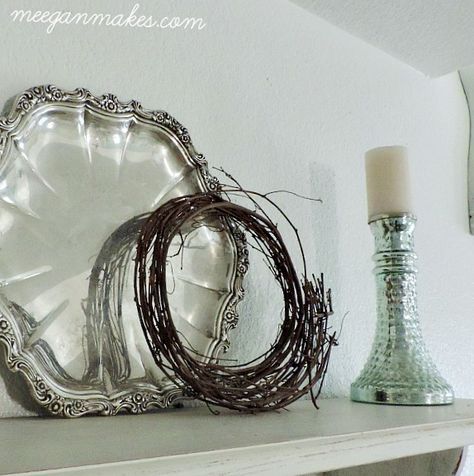 Silver Platters, Thrifty Decor, Vine Wreath, Vintage Trays, Silver Trays, Vintage Silver, Glass Vase, Tray, Vase