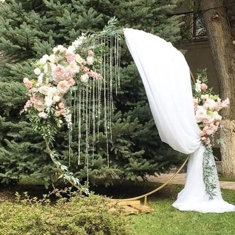 Balloon And Flower Circle Arch, Circle Arch With Drape, Wedding Circle Arch Decor, Circular Arbor Wedding, Circle Arch Wedding Flowers, Circle Wedding Arch With Drape, Wedding Circle Arch Ideas, Circle Arch With Flowers, Circle Arch Ideas