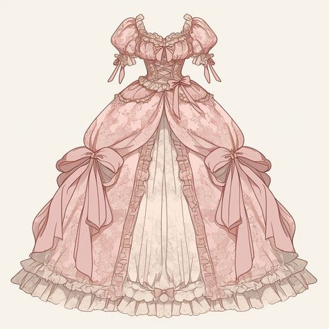 Princess Dress Design Sketches, Designs For Dresses Drawing, 1800s Dresses Drawing, Baroque Dress Drawing, Victorian Era Dresses Drawing, Gown Sketches Design, Princess Dresses Drawing, Royal Dress Drawing, Pink Dress Drawing