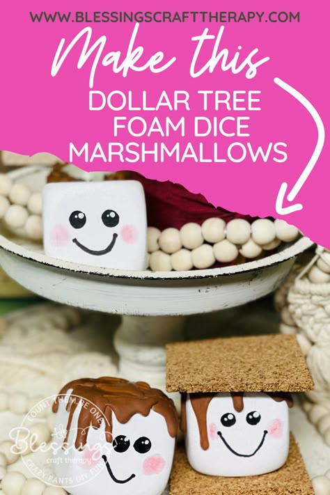 Dice Marshmallows Diy, Marshmallow Party Decorations, Marshmallow Dice Diy, Diy Smores Tray, S’more Ornament Diy, Dollar Tree Foam Dice Crafts Diy, Marshmallow Foam Dice, Dollar Tree Marshmallow Dice, S'more Decorations