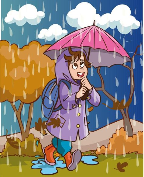 cute girl walking in the rain cartoon vector Cartoon Rain, Rain Cartoon, Esl Vocabulary, Girl Walking, Walking In The Rain, Vector Cartoon, Rainy Season, Graphic Templates, In The Rain