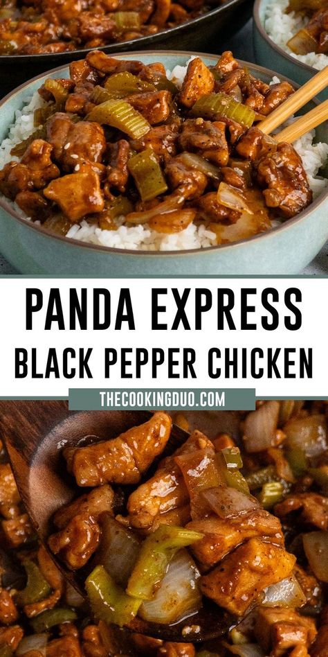 Close-up of Panda Express black pepper chicken on a wooden spoon and over a bowl of rice. Panda Express Black Pepper Chicken Copycat Recipes, Panda Black Pepper Chicken Recipe, Black And Pepper Chicken, Slow Cooker Black Pepper Chicken, Panda Express Pepper Chicken Recipe, Panda Express At Home, Black Pepper Chicken Sauce, Crockpot Black Pepper Chicken, Black Pepper Chicken Crockpot