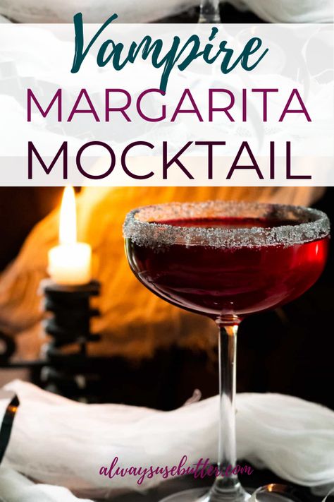 This Vampire Margarita Mocktail is the perfect non-alcoholic drink. With it's deep red color and ashy rim, it looks like exactly what a vampire would drink! It has an earthy, salty, spicy taste--just like a vampire's bite! Non Alcoholic Vampire Drinks, Witchy Mock Tails, Red Non Alcoholic Drinks, Vampire Margarita, Red Drinks Non Alcoholic, Red Mocktails Non Alcoholic, Vampire Cocktails, Vampire Recipes, Twilight Cocktails