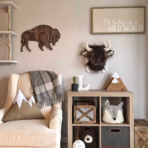 Montana Themed Nursery, Elk Nursery Theme, Bison Themed Nursery, Boho Western Nursery, Mountain Bear Nursery, Buffalo Nursery, Faux Taxidermy Nursery, Plush Animal Head Mounts Nursery, Buffalo Head