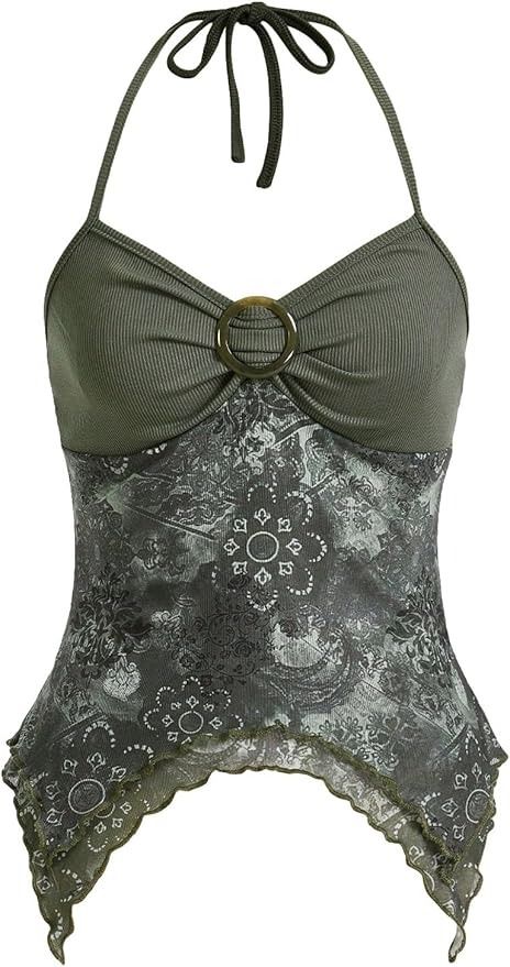 OYOANGLE Women's Floral Print Contrast Lace Tie Backless Halter Cami Top Asymmetrical Hem Tank Tops Army Green Medium at Amazon Women’s Clothing store Halter Cami Top, 2000s Tops, Floral Halter Top, Lace Halter Top, Womens Halter Tops, Lace Tie, Backless Top, Green Tank Top, Cute Tank Tops