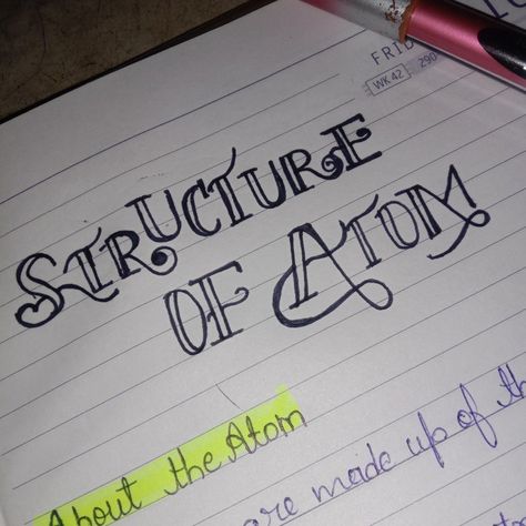 Structure of atom notes Notes Making Tips, Structure Of Atom Notes, Atom Notes, Atom Drawing, Structure Of Atom, Atom Project, Heading Design, Chemistry Projects, Project Cover Page