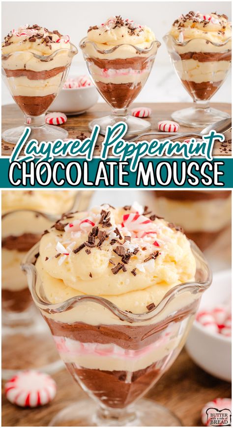 winter desserts, peppermint desserts, homemade mousse recipe, layered mousse Chocolate Peppermint Mousse, Peppermint Mousse, Milk Chocolate Mousse, Dessert For Christmas, Best Christmas Appetizers, Peppermint Dessert, Mint Desserts, White Chocolate Peppermint, Mousse Chocolate