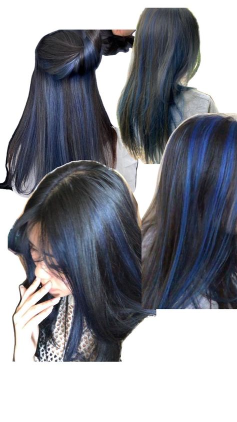 Black With Blue Peekaboos, Hair Colour With Black Hair, Navy Hair Highlights, Jet Black Hair With Highlights Blue, Black Hair With Royal Blue Highlights, Black Hair With Navy Blue Highlights, Black Hair With Midnight Blue Highlights, Blue Black Hair Highlights, Hair Color Ideas Dark Blue