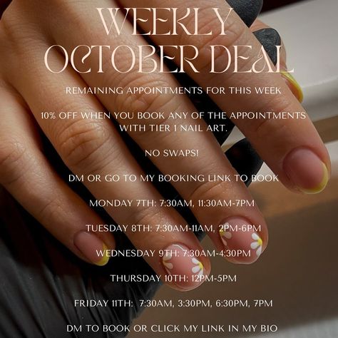 ✨💷WEEKLY DEALS!💷✨ This week it’s all things nail art! Swipe to see what Tier 1 includes, if you are not sure please do just ask! Rules: - No Swaps! If you are booked in you won’t be able to switch your appointment for this deal - Booking Fee is still required when book with the deal - Policies still apply to Weekly Deal bookings - New clients are welcome! - If you have an appointment booked you can book again with a different service, I.E you got nails booked but would like a pedicure!... Have You Booked Your Appointment Yet, Fully Booked Appointments, Book Now Appointment Nails, Book Holiday Appointments Now, Now Booking Appointments, Got Nails, Tier 1, Appointment Book, New Clients