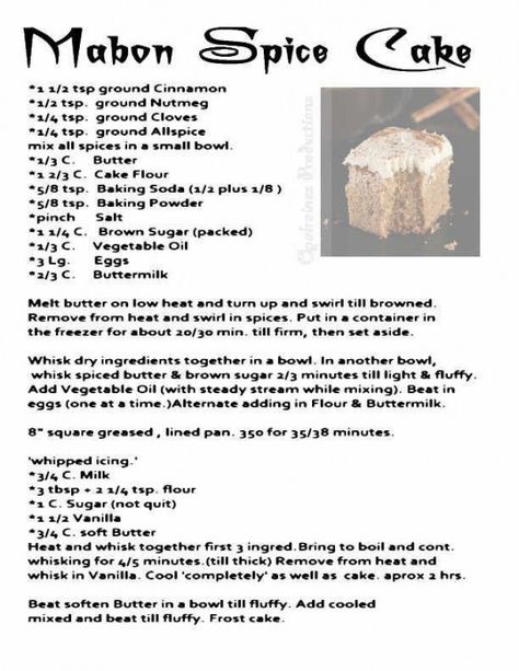 Mabon Spice Cake word of another source. MY Opalraines Production. #foodanddrinkbook #food #and #drink #book Pagan Recipes Food, Autumn Equinox Food, Mabon Recipes, Pagan Recipes, Wicca Recipes, Wiccan Sabbats, Kitchen Witch Recipes, Witchy Kitchen, Drink Recipe Book