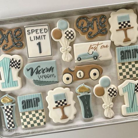 Cake Mockery on Instagram: "Amir is a fast one! Loving the retro vibe of this classic/vintage race car set! Took inspiration from the invitation and a picture of the cake that was ordered! I love being a part of your sweet celebrations! #vintageracecarcookies #racecarcookies #birthdaycookies #fastonecookies #vroomvroom #birthdayboycookies #decoratedcookies #cookiedecorating #edibleart #cookiesofinstagram #instacookies #cookieart #cookieartist" Happy Sweet 16, Vintage Car Birthday, Vintage Car Party, Baby First Birthday Themes, First Birthday Cookies, 2nd Birthday Party For Boys, First Birthday Cupcakes, Boys 1st Birthday Party Ideas, Car Birthday Theme