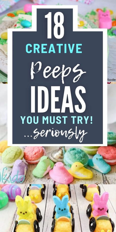 Get inspired by these fun Peeps ideas for decorating, creative foods, and party ideas! Get festive with it and add them desserts, snacks, and even drinks! #peeps #easter #desserts #crafts #marshmallow #recipes #peepscrafts Peeps Ideas For Easter, Easter Crafts With Peeps, Peeps Jello Mold, Peep Recipes Ideas, Peep Houses Easter, Peeps Recipes Desserts, Peep Art Project, Easter Food Activities, Peeps Houses For Easter