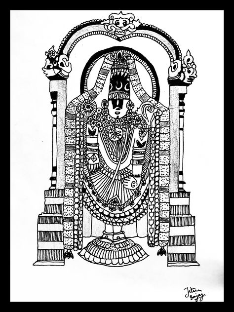 Temple Drawing Easy, Tirupati Temple, Mandala Line Art, Doodle Mandala, Temple Drawing, Tirupati Balaji, Lord Venkateswara, Mandala Zentangle, Step Drawing