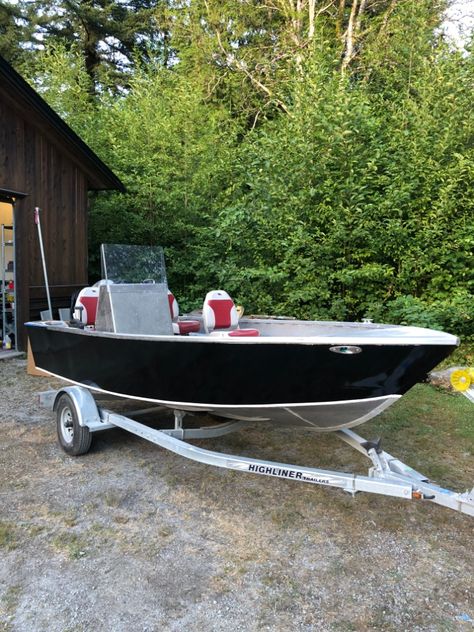 We decided to paint our aluminum boat black. Tell us what you think of this color? If you want to learn more about the build process please visit our blog. Aluminum Boat Paint Ideas, Aluminum Boat Paint, Boat Makeover, Rowboat Painting, Good Foundation, Aluminum Fishing Boats, Boat Paint, Boat Ideas, Barrel Furniture