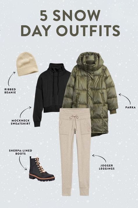 5 Snow Day Outfit Ideas Snow Weather Outfits Winter, Outfit For Snow Winter, Outfits To Wear In Snow Winter, Snow Ootd Winter Outfits, Snow Weather Outfit Street Style, Winter Mountain Vacation Outfits, Business Casual Snow Outfits, Tahoe Winter Outfit, New Mexico Winter Outfits