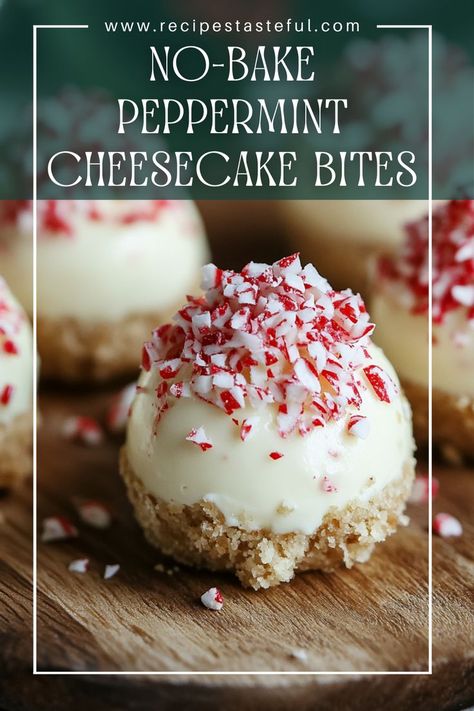 These No-Bake Peppermint Cheesecake Bites are a delightful holiday treat featuring a creamy peppermint filling atop a buttery graham cracker crust. Perfectly bite-sized and irresistibly festive, they are sure to be a crowd-pleaser at any gathering! Holiday Cheesecake Bites, Bite Size Holiday Desserts, Bite Size Christmas Desserts, Christmas Cheesecake Bites, Peppermint Desserts Christmas, Peppermint Recipes Desserts, Quick Christmas Dessert, Holiday Cheesecake, Holiday Party Desserts