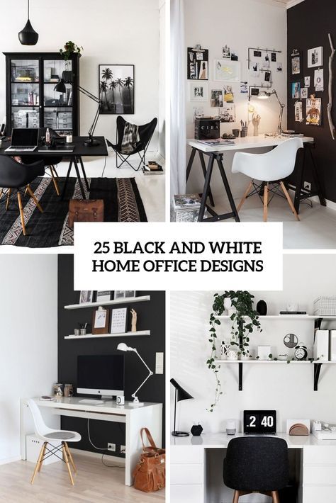 Small Home Office Ideas Black And White, Black White And Blue Office Decor, White And Black Office Ideas, White And Black Home Office, Black And White Boho Office, Black White Office Ideas, Black And White Aesthetic Office, Black White Brown Office, Home Office With Black Furniture