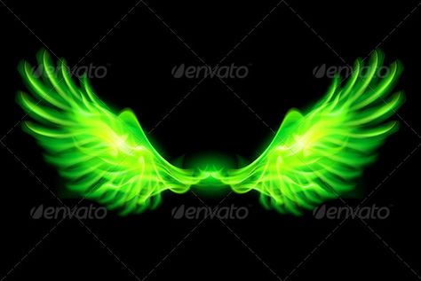 Illustration of green fire wings on black background. Green Energy Drink, Fire Wings, Fire Font, Green Wings, Digital Graphics Art, Background Beauty, Art Backdrop, Green Wing, Angel Wings Tattoo