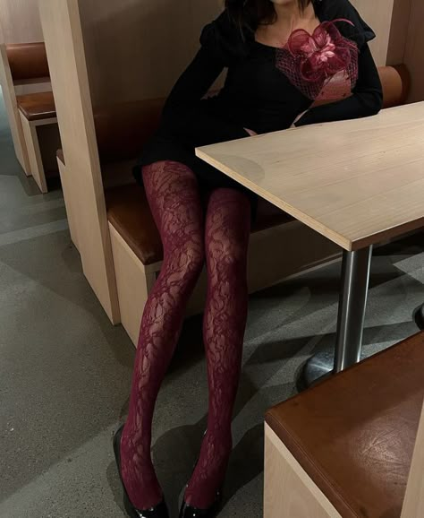 Tights With Dress Outfit, Black Floral Tights Outfit, Black Dress With Red Tights, Dark Lovecore Aesthetic Outfit, Lace Tights Outfits, Dark Red Tights Outfit, Red Lace Tights, Cool Tights Outfits, Red Lace Tights Outfit