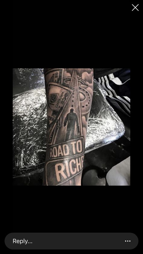 Road To Riches Tattoo For Men, Road To Riches Tattoo, Tattoo Ideas For Black Men, Jd Tattoo, Joker Tattoo Ideas, Half Sleeve Rose Tattoo, Tattoo Money, Tattoos Sketches, Half Sleeve Tattoos Sketches