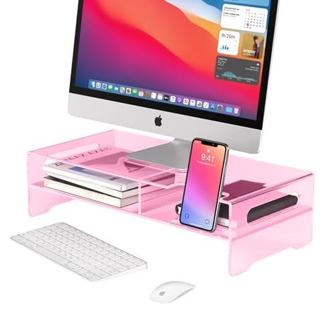 Joie Turquoise's Amazon Page Computer Monitor Decoration, Desk Monitor Riser, Cute Ipad Stand, Pink Pc Setup Aesthetic, Double Monitor Desk Setup, Chic Cubicle Decor, Office Desk Organization Ideas, Pink Monitor, Pink Office Desk